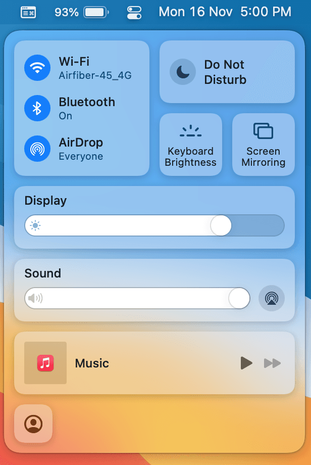 macOS Big Sur Control Centre