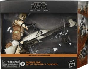 Stormtrooper, carrying Baby Yoda, on a speeder bike. 