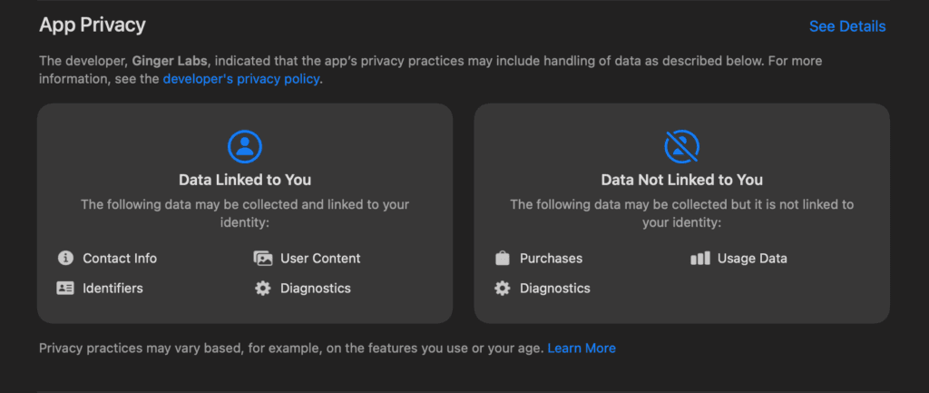 Notability App Privacy Label