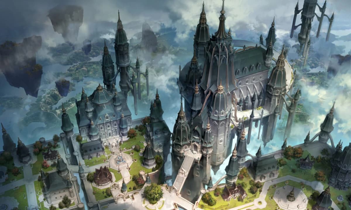 Lost Ark group poses in front of Rimeria's icy landscape.