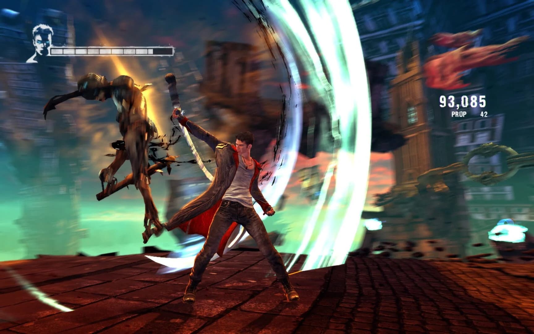 Dante facing off against a demonic boss in Devil May Cry