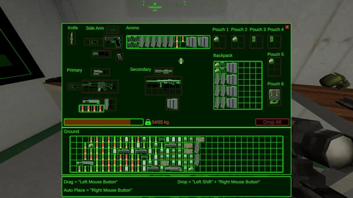 Player’s perspective aiming down sights in a blocky, foggy environment