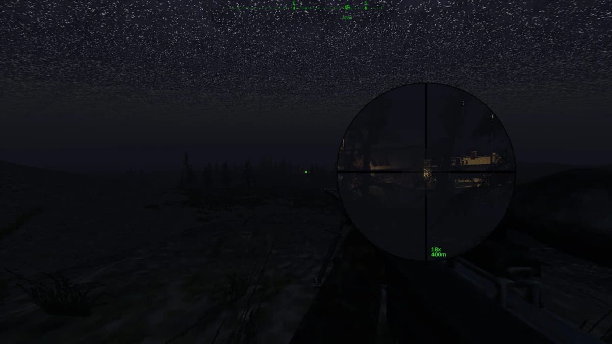 A player using a scope to observe distant enemies among blocky terrain