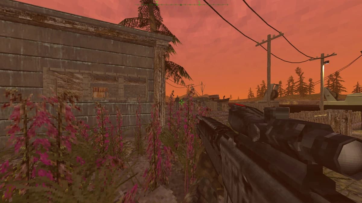 Downed enemy with pink mist in a harsh, blocky environment