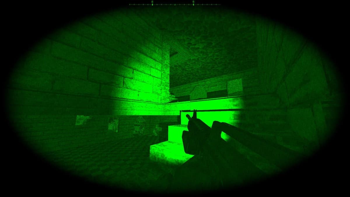 Player’s field of view showing a simple, utilitarian interface and blocky buildings