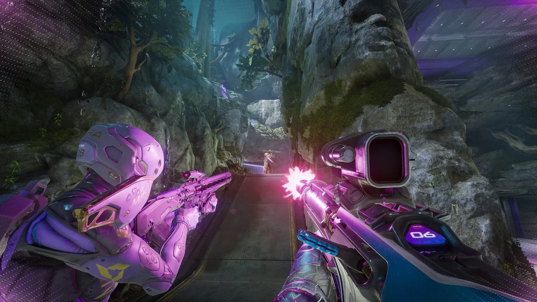 A player using a portal in Splitgate 2’s sci-fi arena.