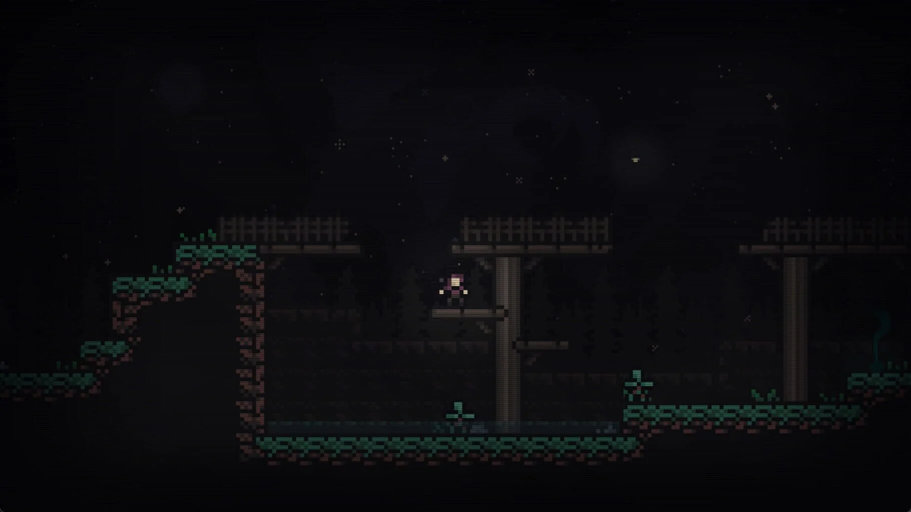 Undivine gameplay showing the player leaping across platforms in a gothic cavern.