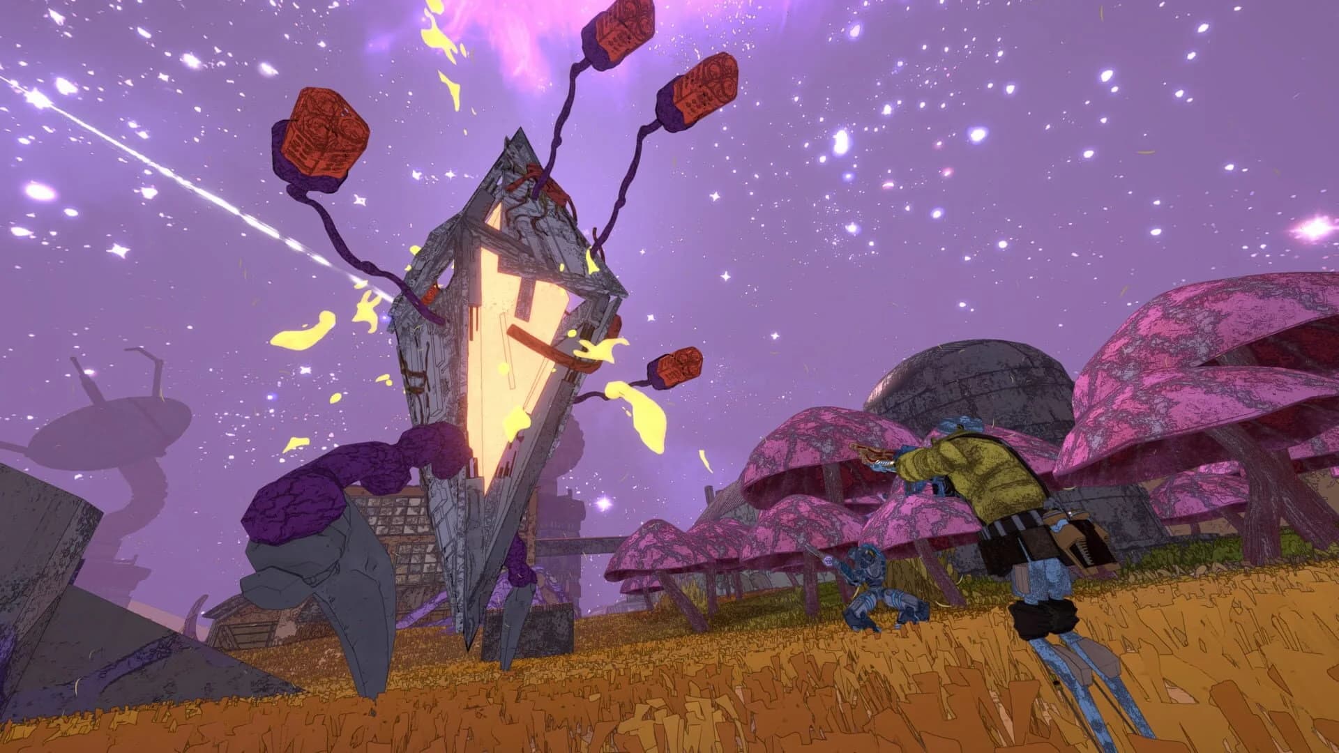 Mycopunk dropship hub with NPCs