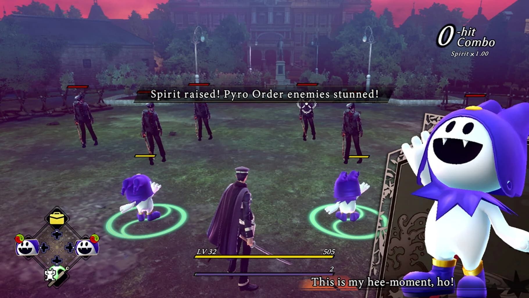 RAIDOU Remastered in-game screenshot of a demon summoning ritual occurring inside a shadowy facility