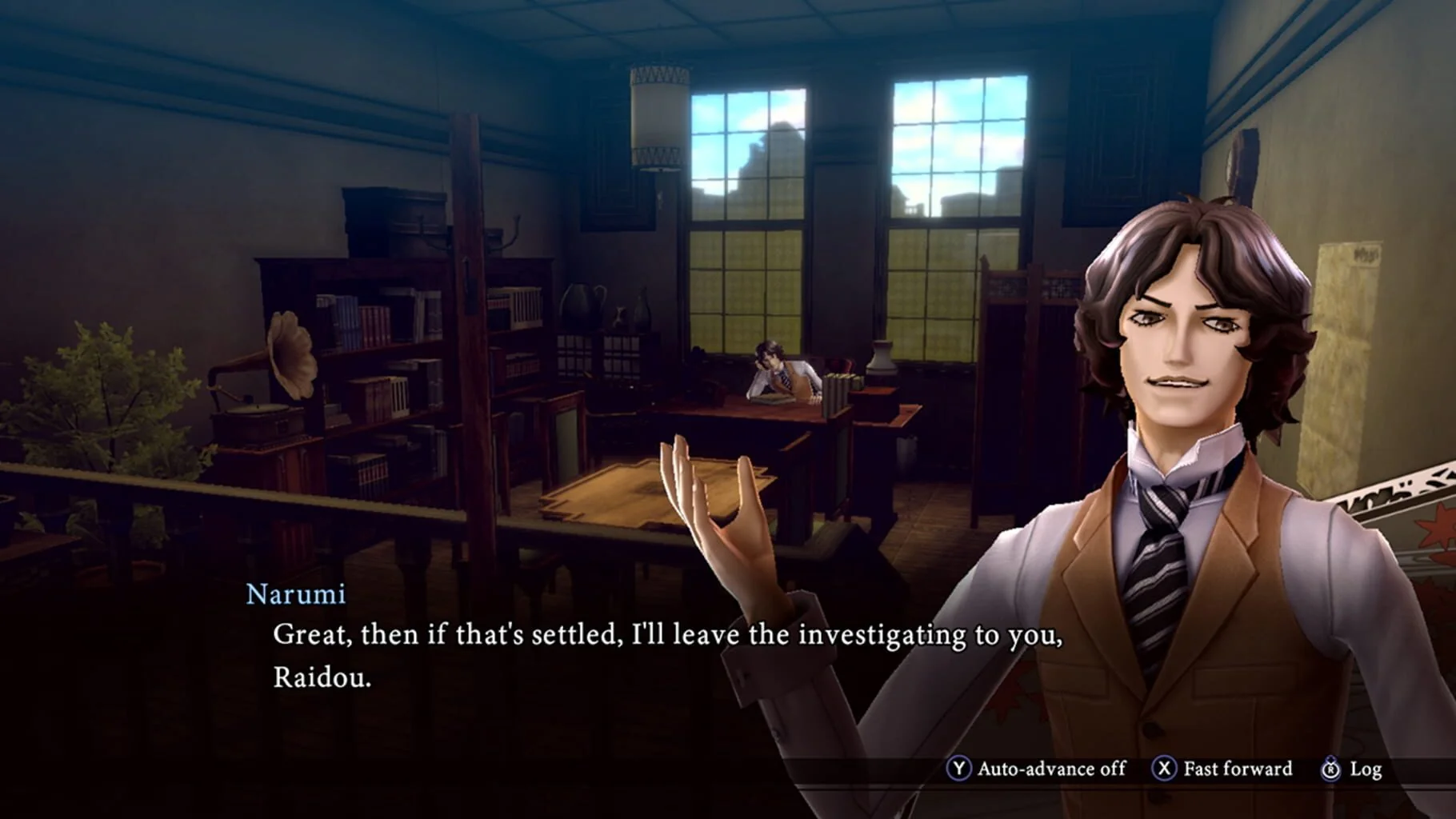 RAIDOU Remastered screenshot of Raidou investigating a mysterious alleyway with a demon ally