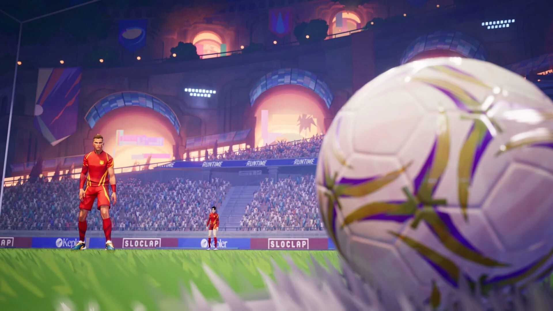 Rematch arena - vibrant, compact pitch with futuristic scoreboard