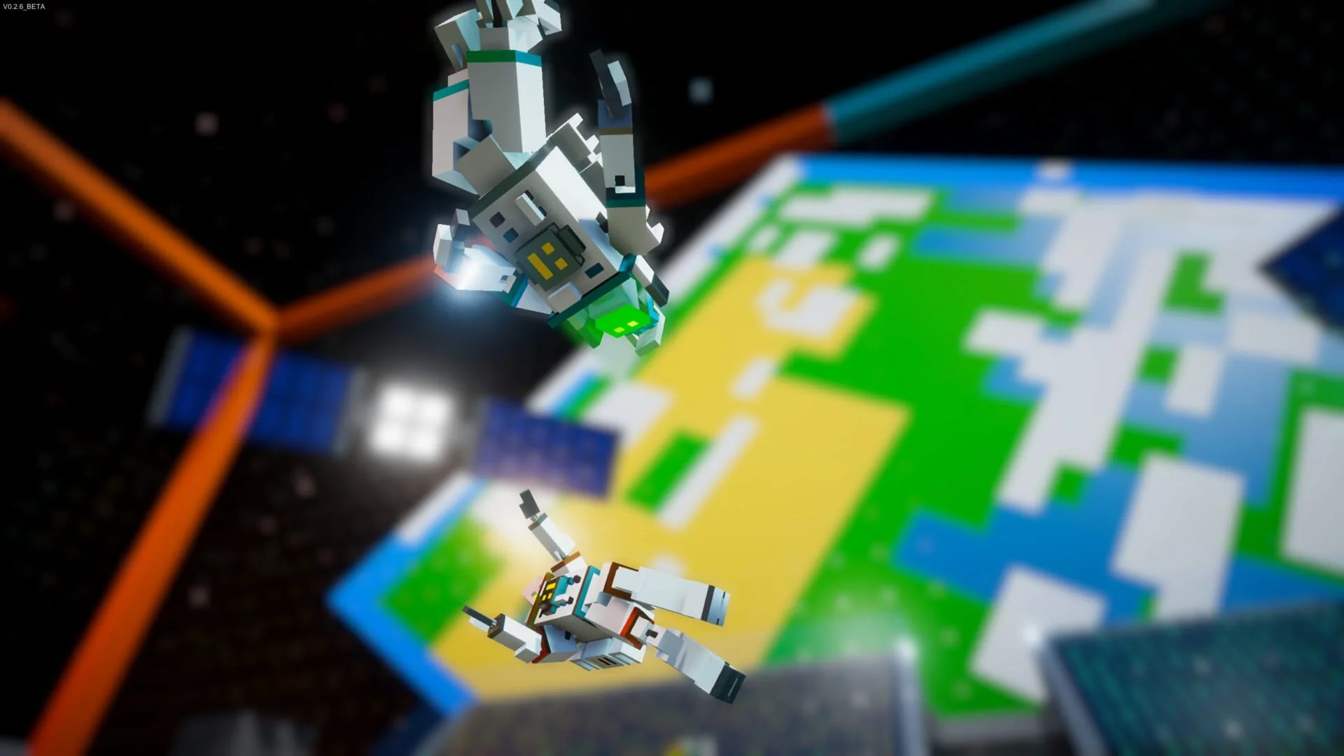 BOTSU robots sprinting, jumping and colliding mid-air in a bright arena