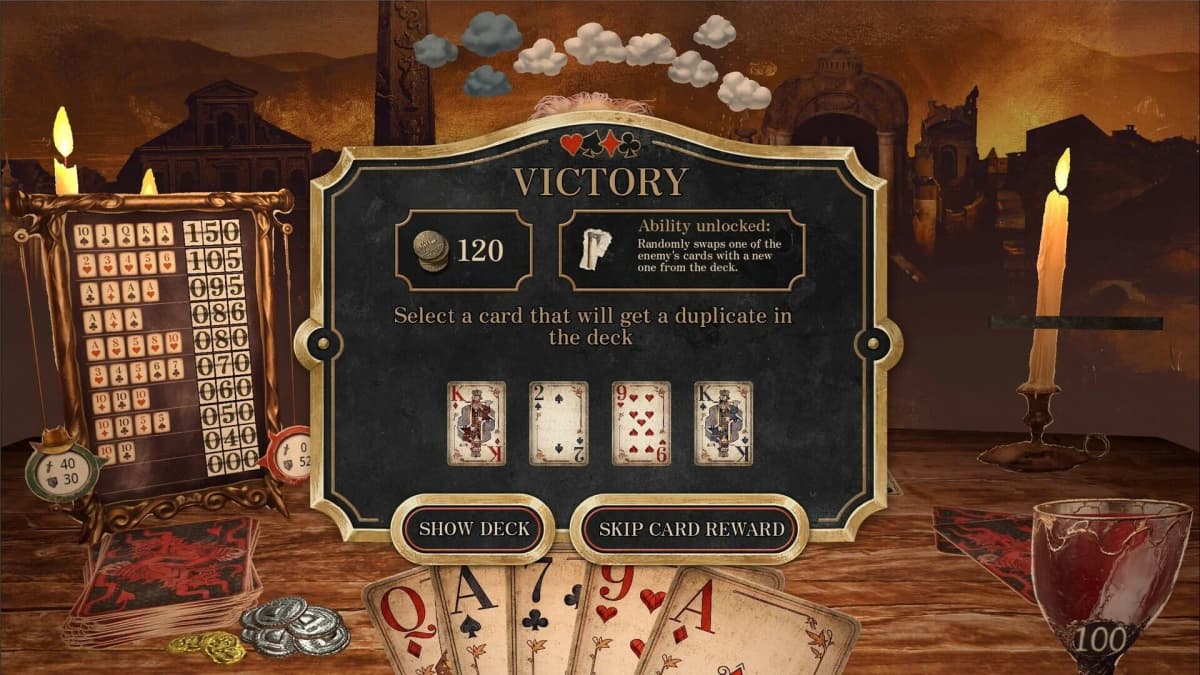 The Devil’s Due - Relics and cheat cards selection screen.