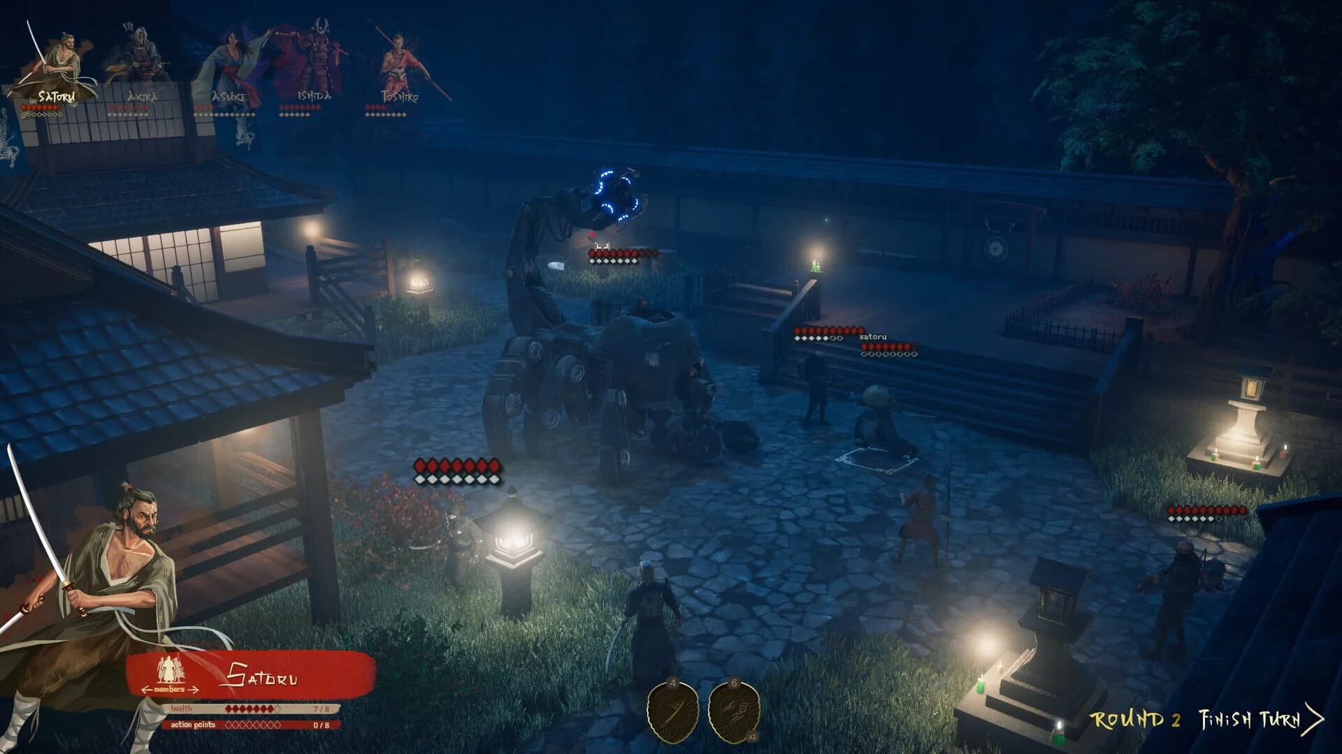 Shadow of the Road combat screen: Akira faces off against a grotesque enemy using a magical attack, with UI reminiscent of modern RPGs.