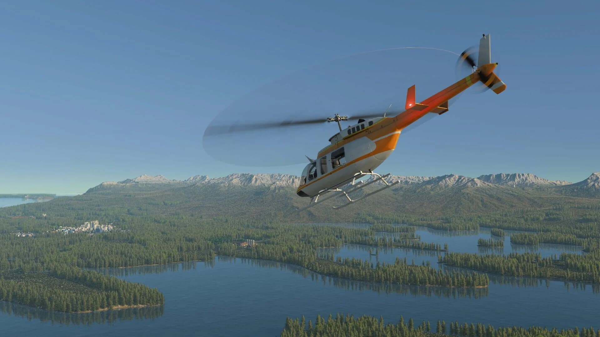 A helicopter and vehicles in a snowy sub-arctic biome in Transport Fever 3