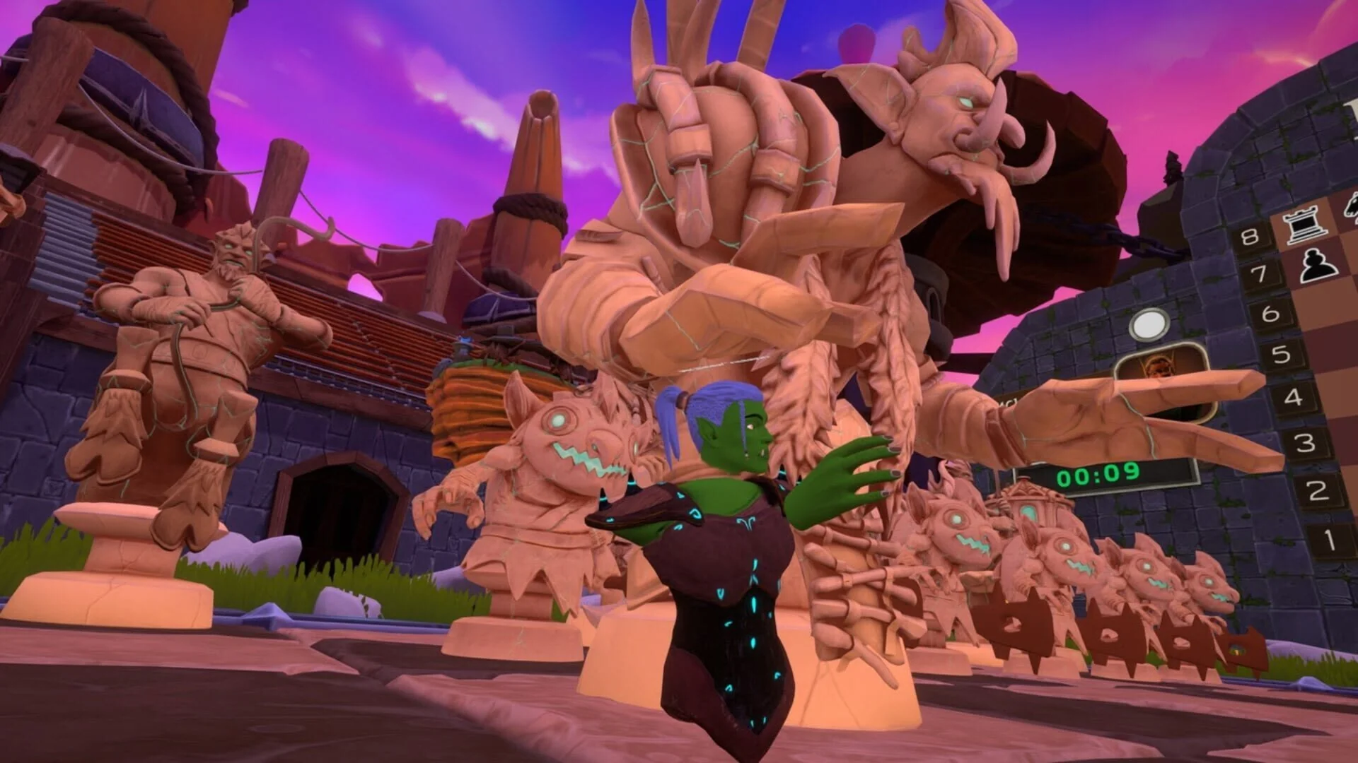 Spectator view of giant chess pieces in magical arena