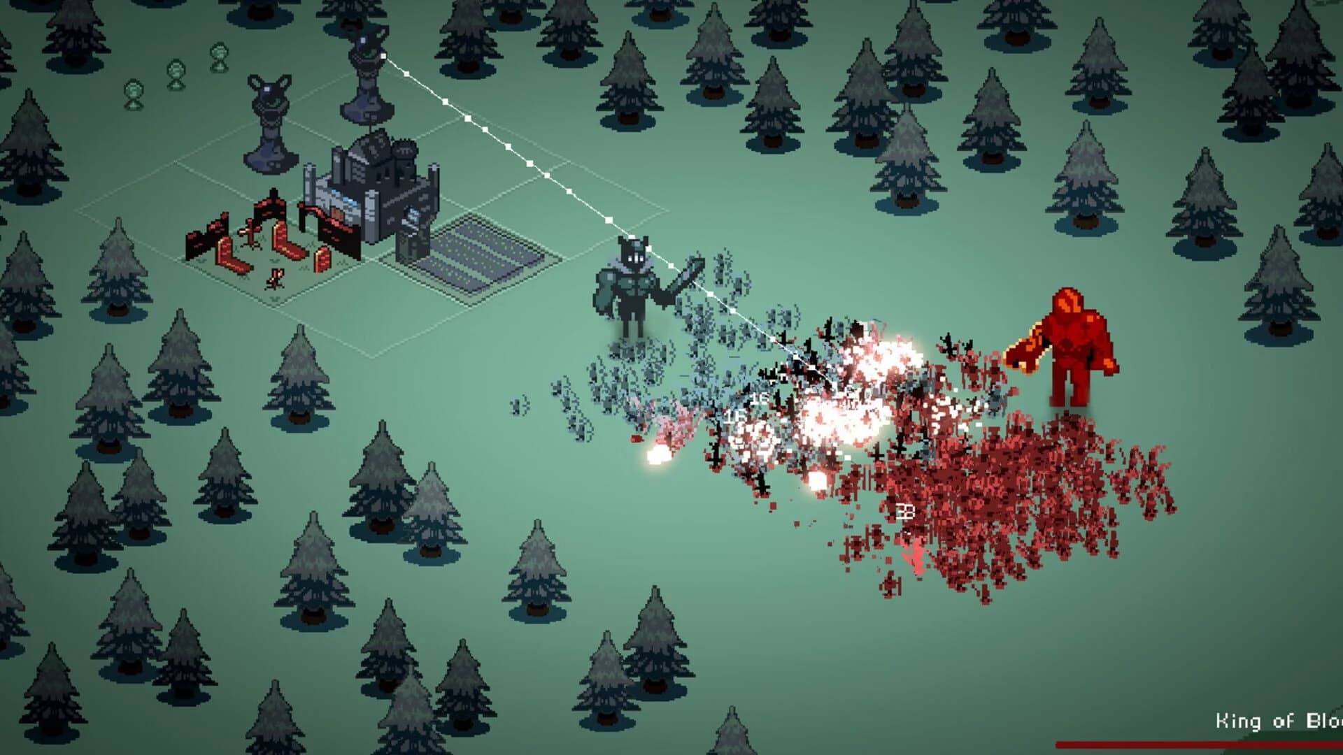 A chaotic late-game battle in 9 Kings, with dozens of units and damage numbers flying.