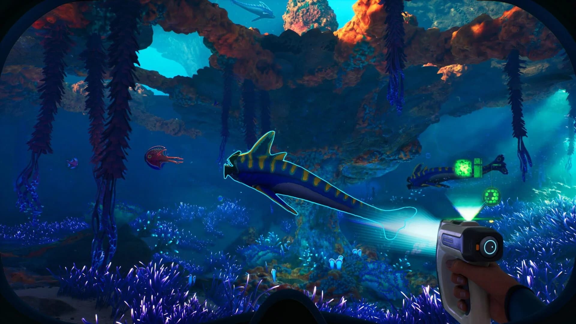 Subnautica 2: player evading massive sea creature in the depths