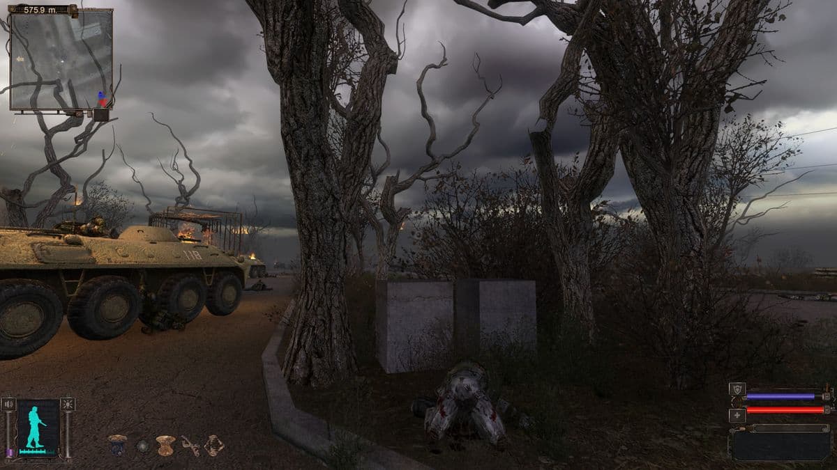 Action scene from Stalker remaster, showing character aiming in a dark environment.