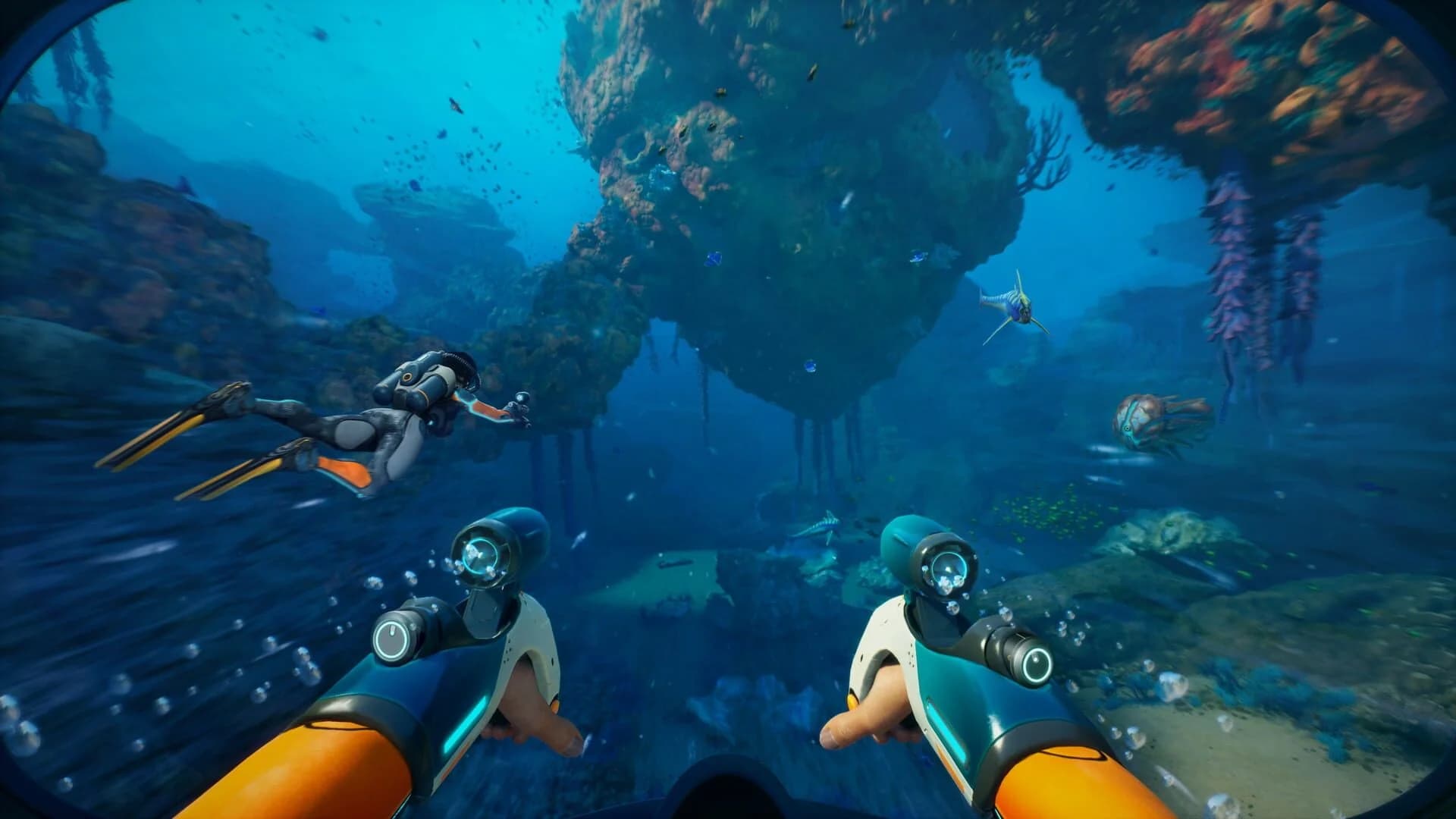 Subnautica 2: mysterious underwater structure illuminated by bioluminescent creatures