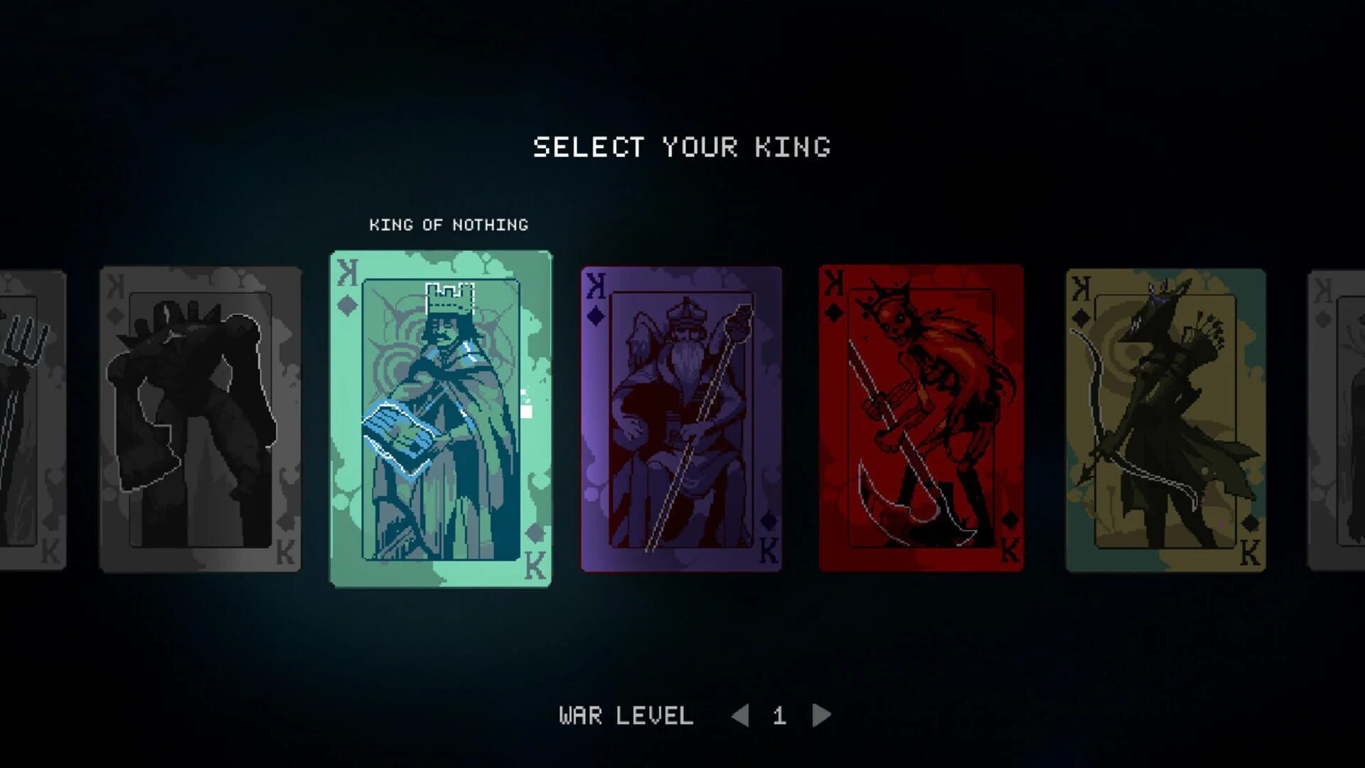 Pixel-art kingdom with various cards placed on a grid, showing strategic build choices.
