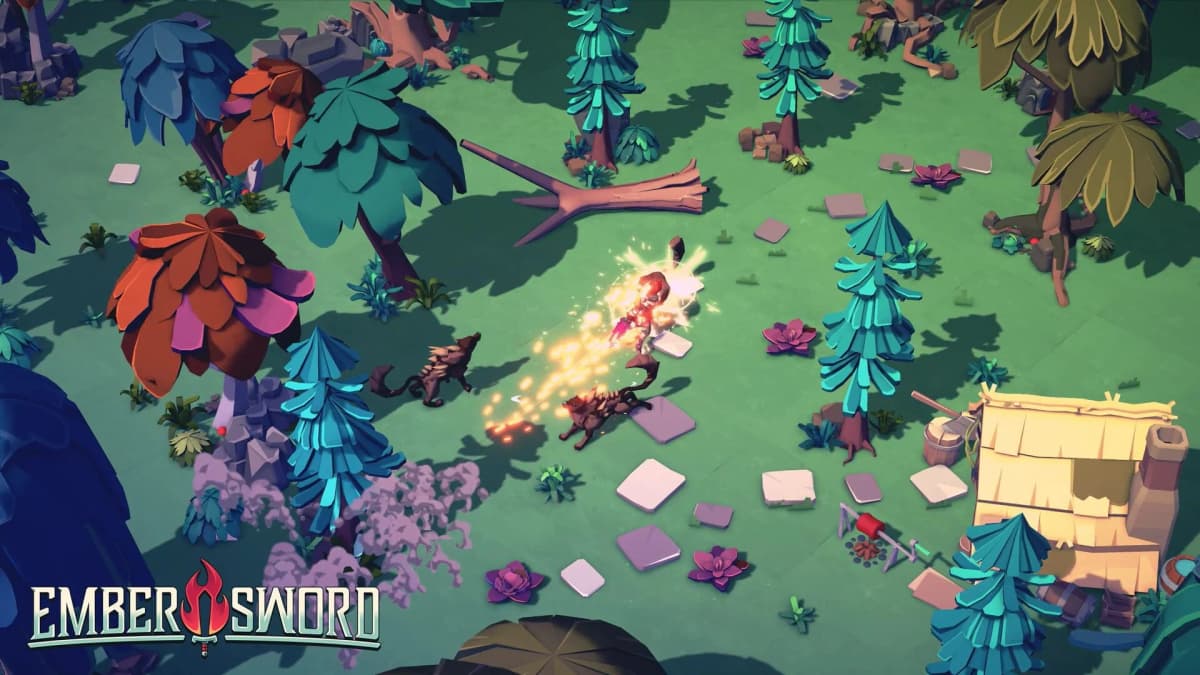 Ember Sword player exploring a colorful town environment