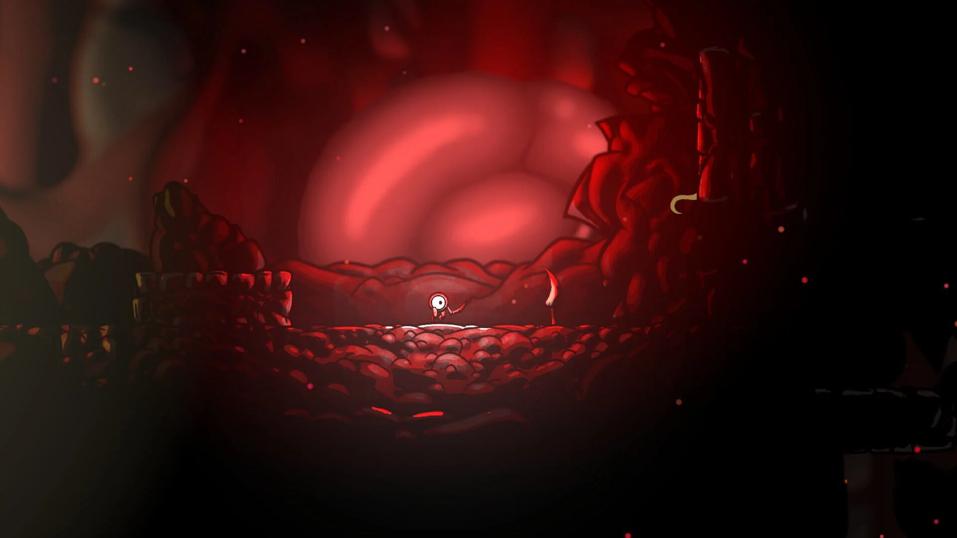 Evolvania player character facing mutated enemies deep in the creature’s core