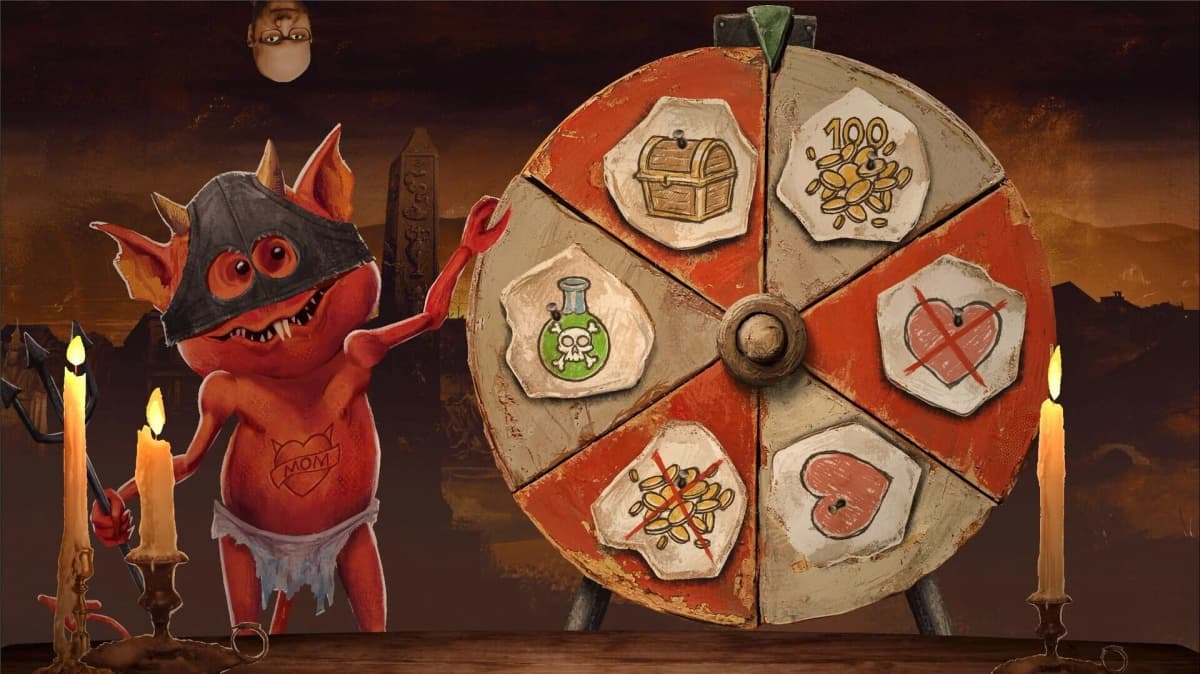 The Devil’s Due - Minigame or event scene with playful, Monty Python-esque art style.