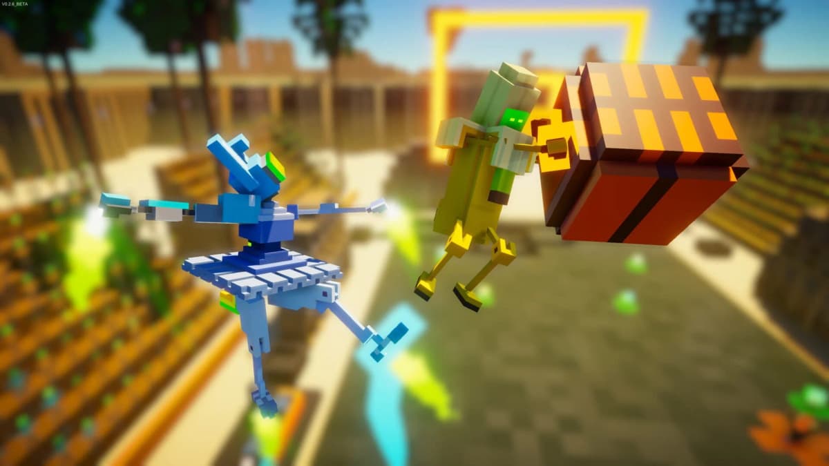 Split-screen BOTSU match featuring four colorful androids in a sumo battle