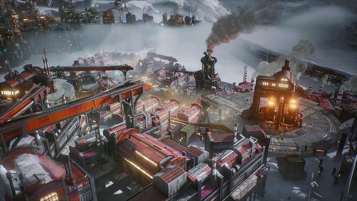 Frostpunk 2 gameplay screenshot showing city districts and generator infrastructure.