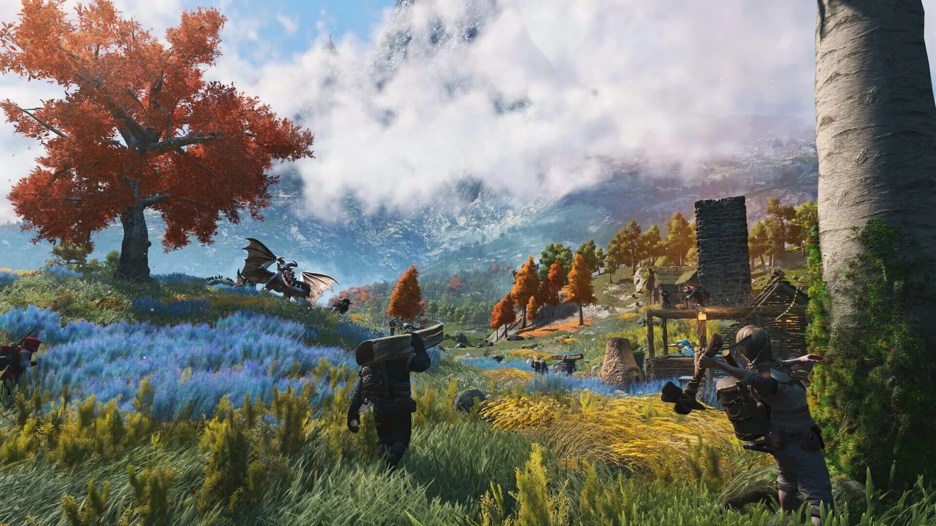 Light No Fire in-game screenshot of players building structures in a colorful biome