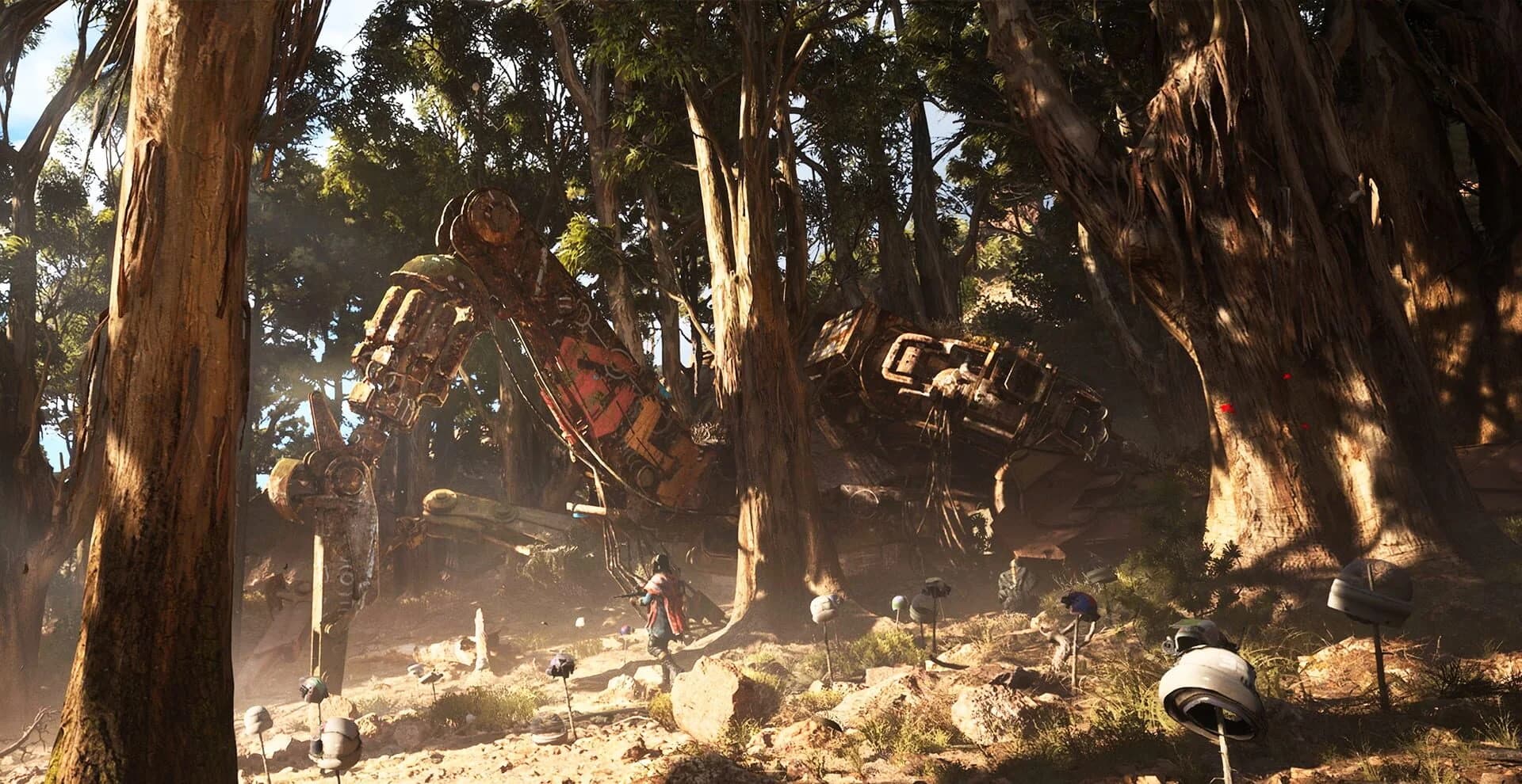 Firefight erupting near mechanical wreckage in a post-apocalyptic wasteland