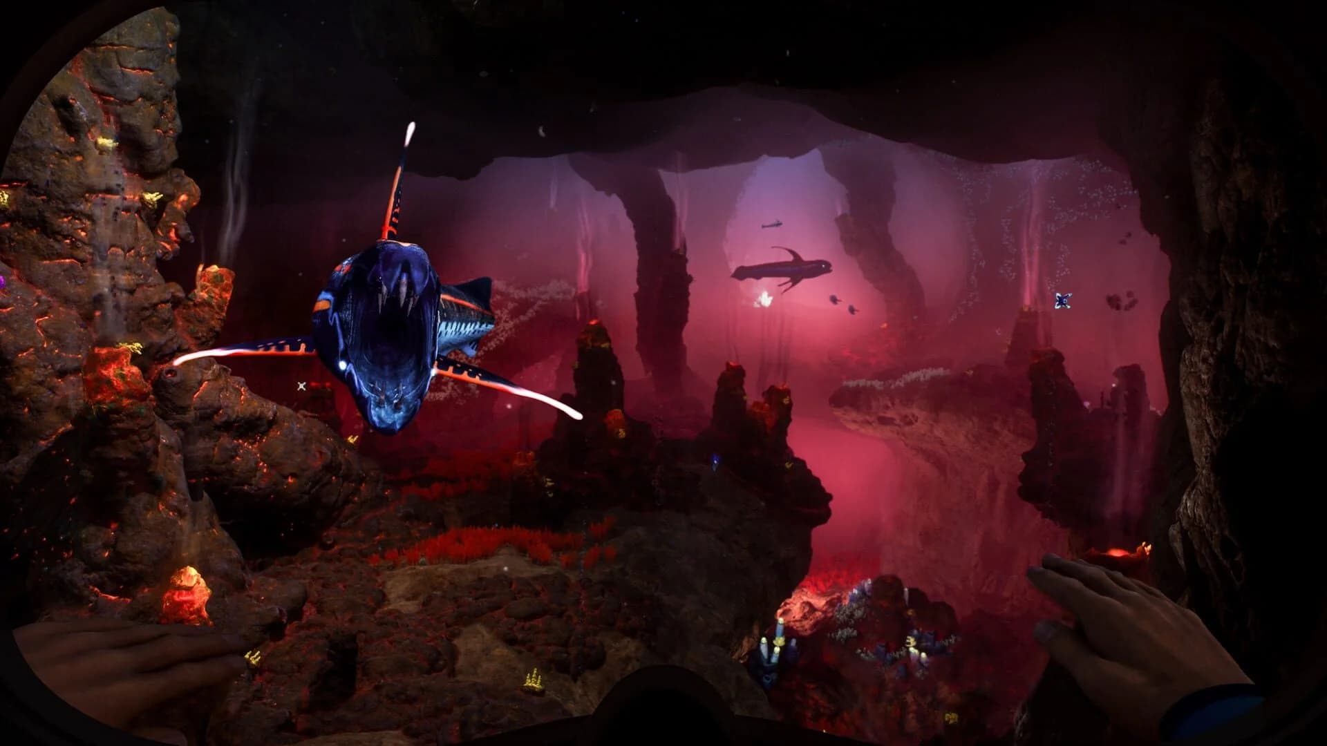Subnautica 2: player-built habitat in a lush undersea biome