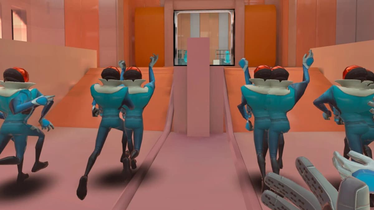 A surveillance hub inside the space station, with layered screens and glowing terminals.