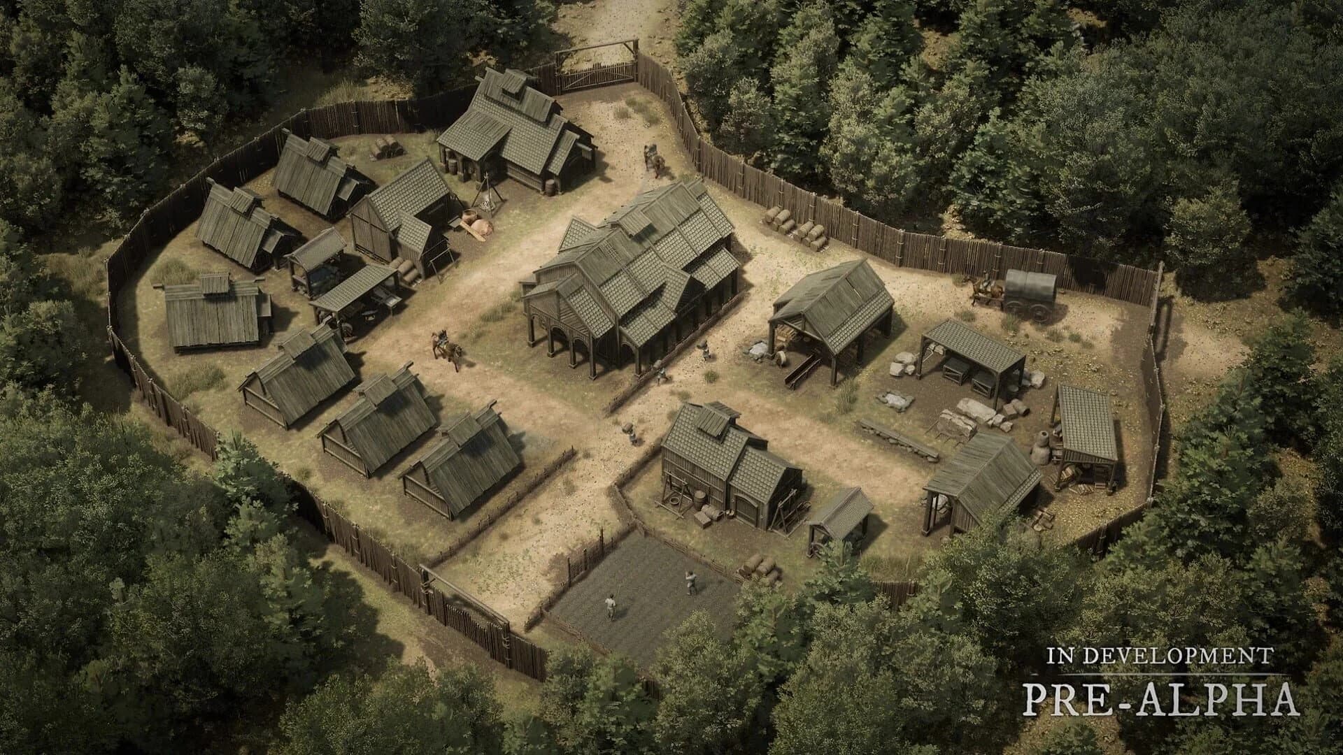 Anvil Empires players working together in a village, building houses and gathering resources.