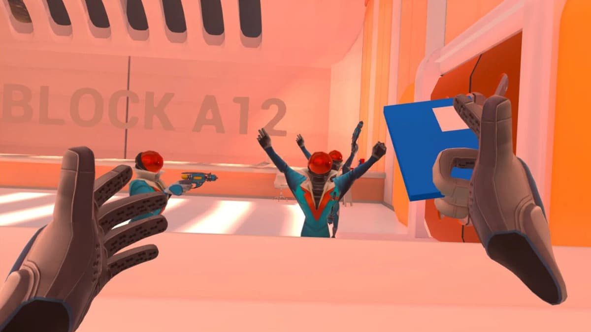 A player reaching for a glowing data core inside a mysterious VR space station environment.