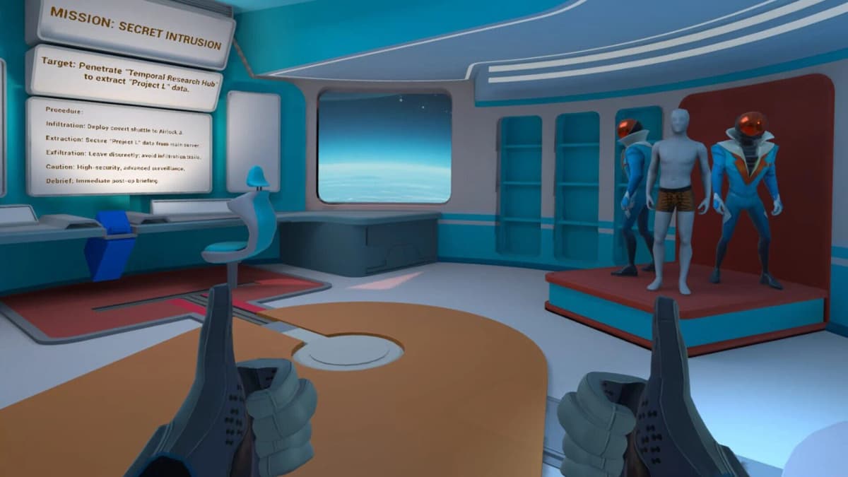 Multiple versions of the player character working together in a space station corridor, demonstrating UnLoop's self-coop time loop mechanic.