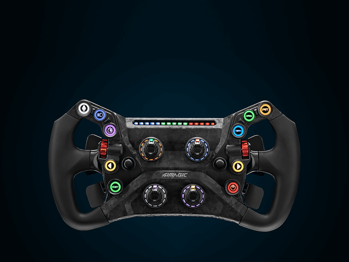 Close-up of a sim racing dashboard with telemetry data