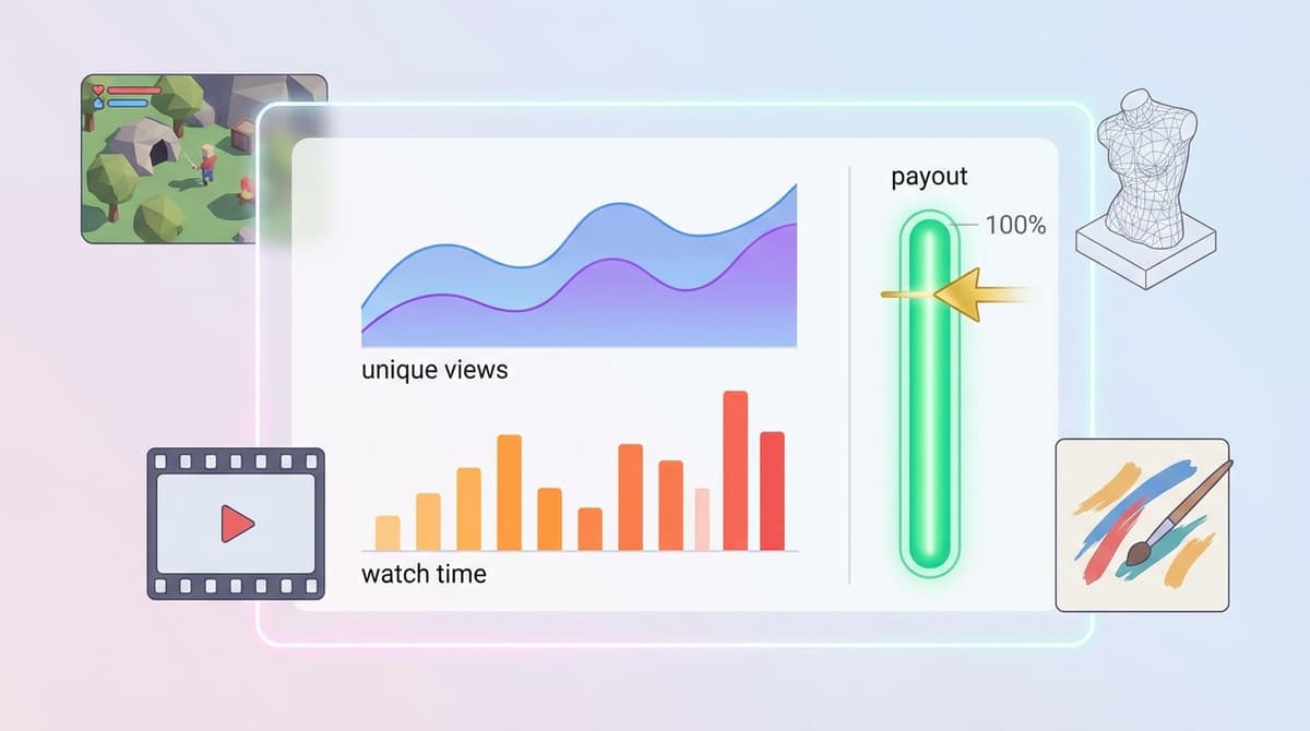 Diagram visualizing performance-based rewards, transparent reporting, and payout threshold.