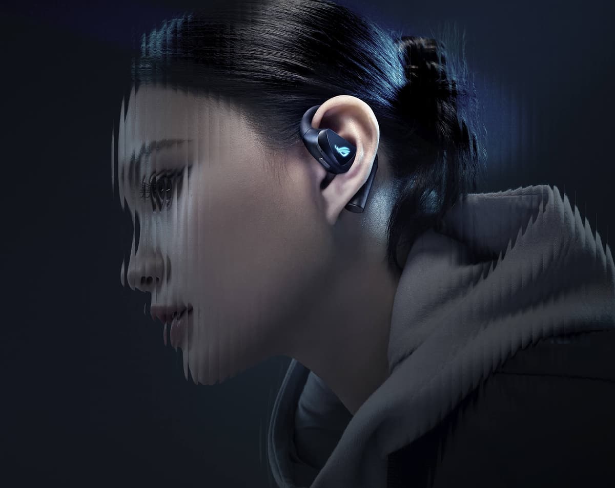 Asus ROG Cetra Open Wireless open-ear gaming earbuds with charging case and 2.4GHz dongle
