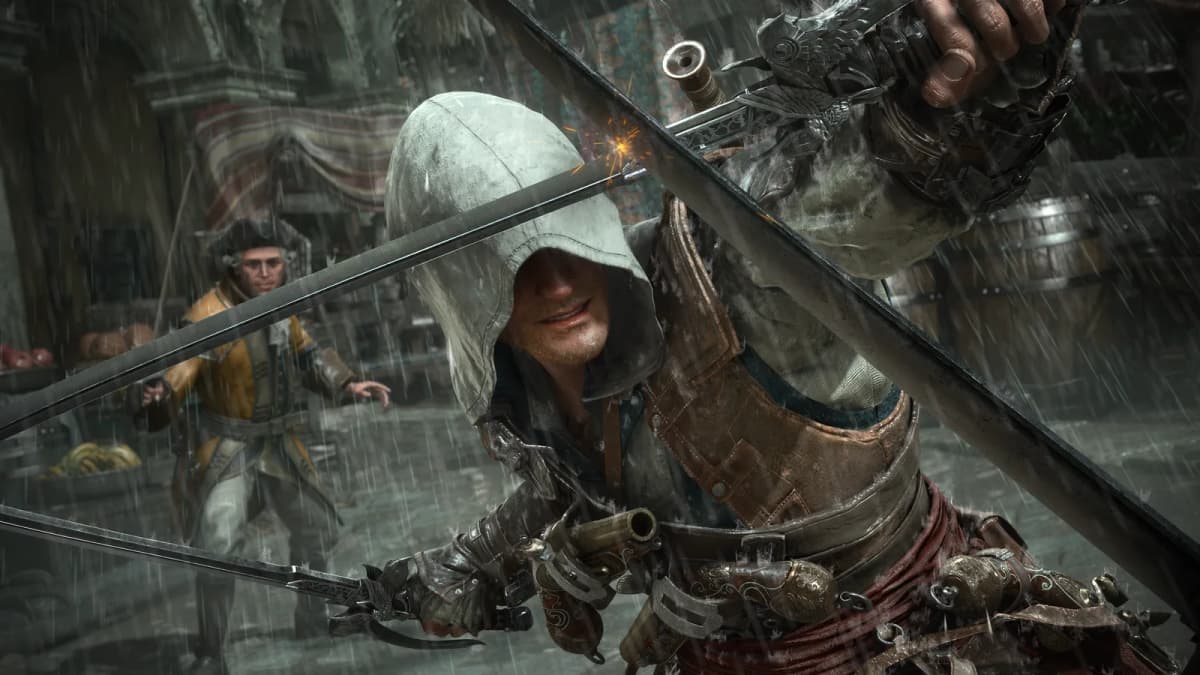 Edward Kenway with a crew member aboard the Jackdaw in Assassin's Creed Black Flag Resynced