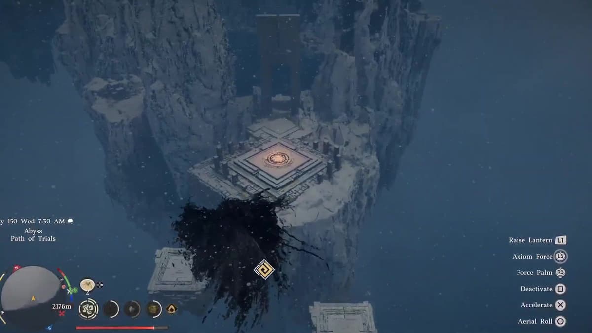 Crimson Desert Path of Trials Abyss platform with the central altar and Axiom Force and Force Palm controls on the HUD