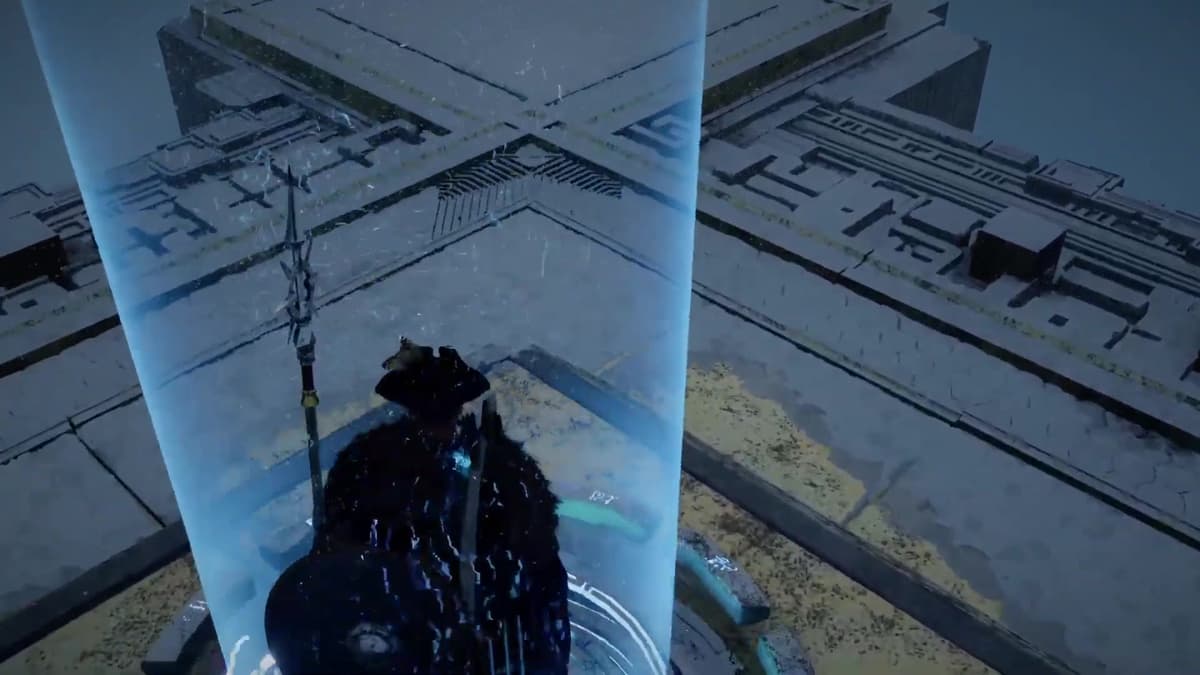 Kliff gliding in crow form across the frozen Abyss toward the Path of Trials platform in Crimson Desert