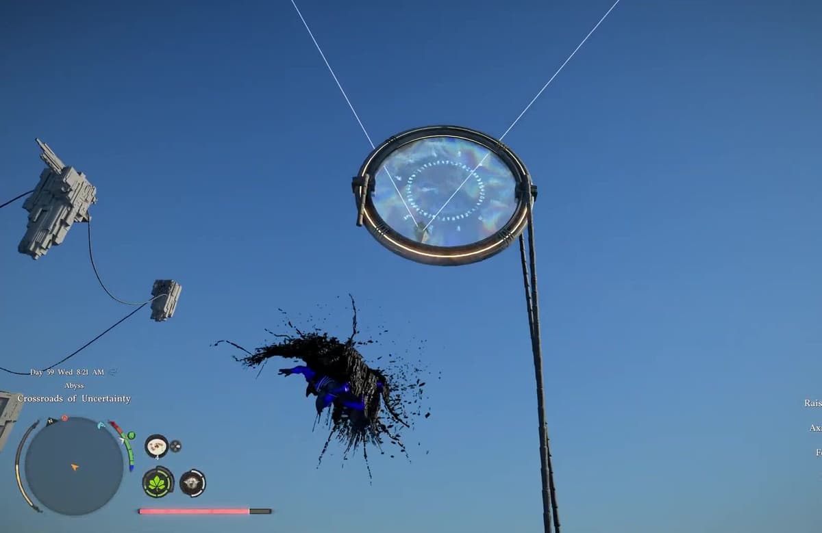 Crimson Desert character gliding through a glowing ring during the timed Crossroads of Uncertainty sequence