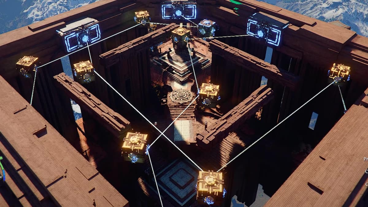Desert Fragment laser cubes routing beams into the three Abyss nodes in Crimson Desert