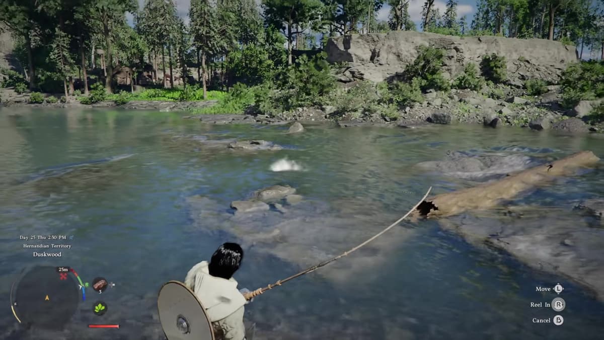 Crimson Desert fishing minigame in action with the line cast, a fish splashing, and the Reel In prompt on screen