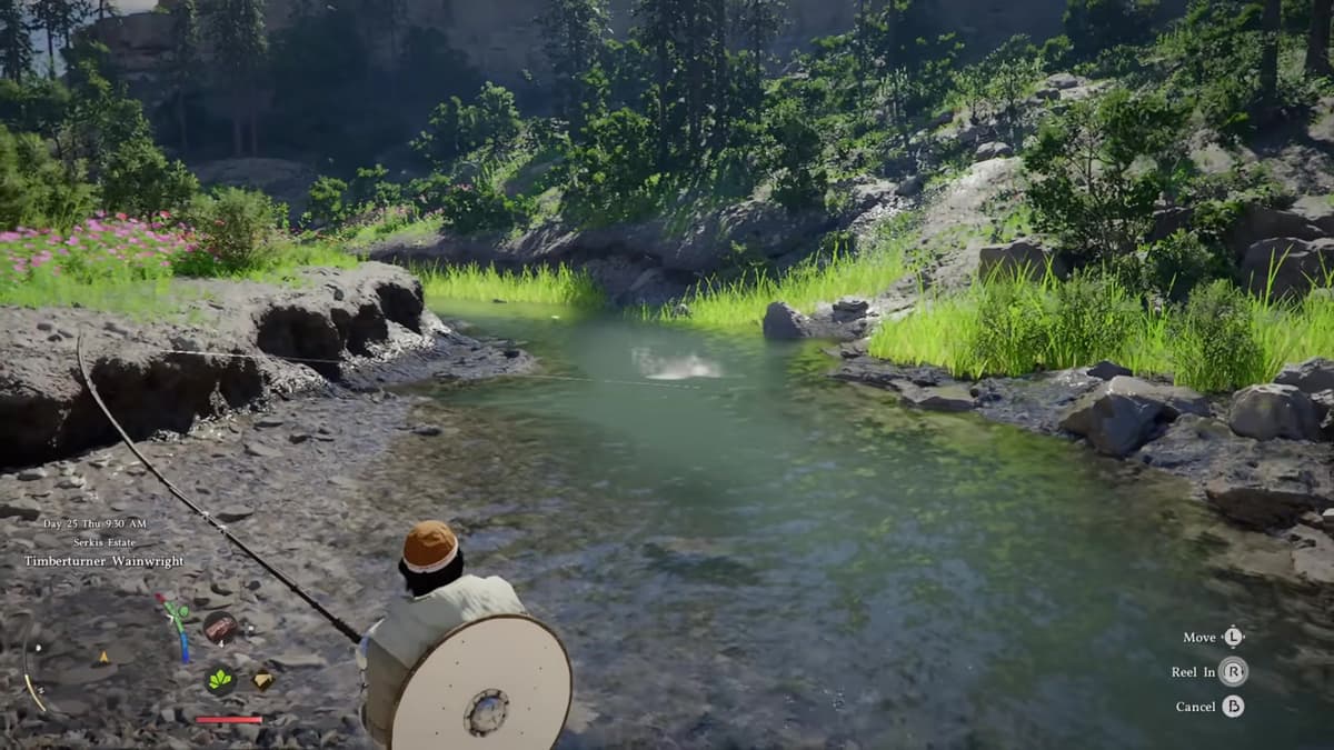 Crimson Desert angler fishing a small secluded pond, the kind of tiny water body where legendary fish hide
