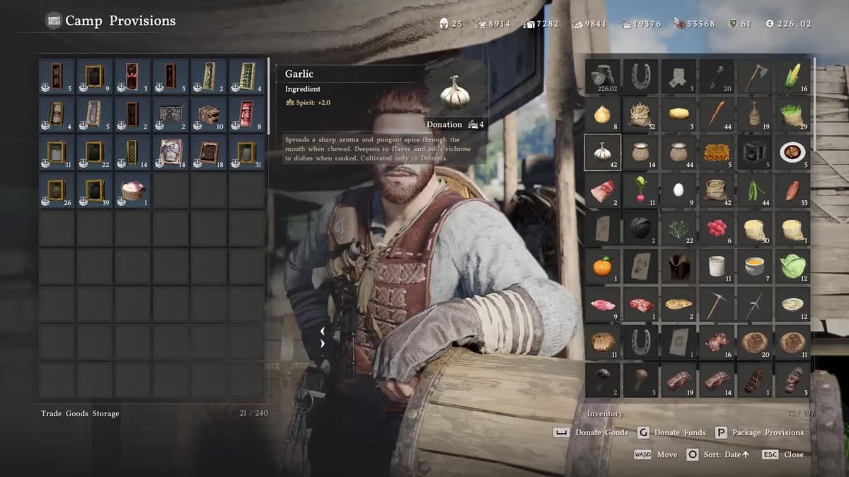 Packaging trade goods at the Greymane Camp Provisions menu in Crimson Desert