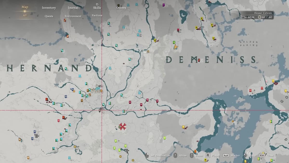 Crimson Desert world map showing trade routes and the player wagon between Hernand and Demeniss