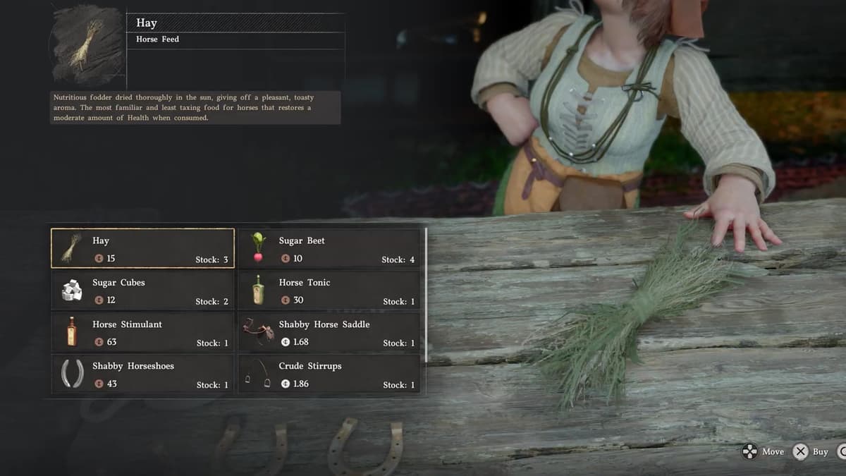 Crimson Desert saddlery menu showing Hay, Sugar Beet, Sugar Cubes, Horse Tonic and Horse Stimulant